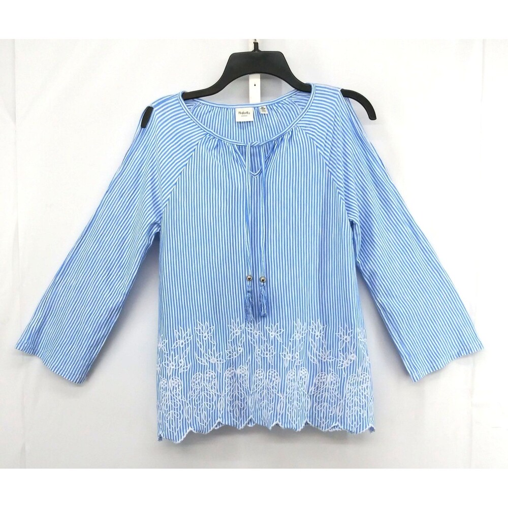 Rafaella Blouse Women Size SP Blue Pinstripe Tasseled V Neck Embroidered Top